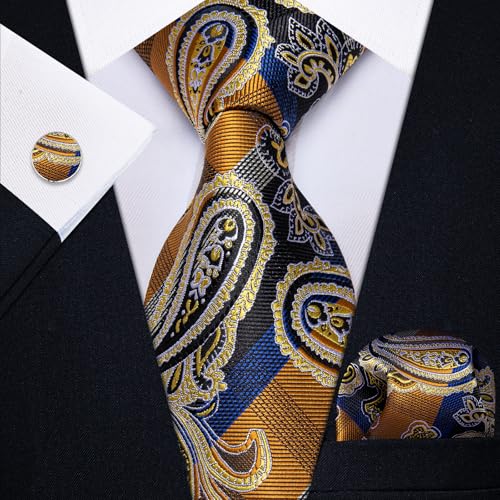 Image of YourTies Silk Paisley Floral Tie and Pocket Square Cufflinks with Lapel Pin Sets for Men 5PC Wedding Party