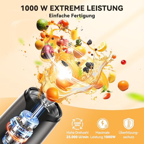 Foto von TECKNET 1000W Smoothie Maker, Smoothie Mixer mit 2 BPA-freie Becher (500ml&150ml), Standmixer Klein mit Kreuzklingen aus Edelstahl 304, Smoothie Maker to go für Milchshakes & Smoothie & Babynahrung
