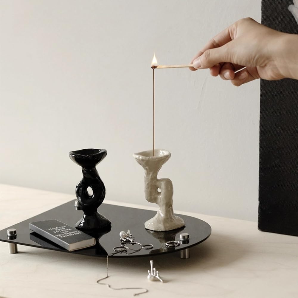 Mid-Century Modern Incense Holder Set - 3.86" Artistic Resin Sculpture for Incense Sticks, Wabi-Sabi Ash Catcher, Scandinavian Home Decor Art Piece (A-Black)