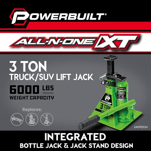 Image of POWERBUILT 3 Ton All-in-One Hydraulic Bottle Jack and Jackstand in One, Compact, Wide Base, 11-21 Inch Range, Eliminates Jackstands, for Trucks, SUVs, RVs, Trailers, ASME, Not for Sedans - 640912
