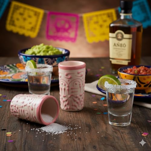 Image of Talavera Shot Glasses Set of 4 Authentic Mexican Tequila Shot Glasses - Hand-painted - 2 Oz (Pink Lace)