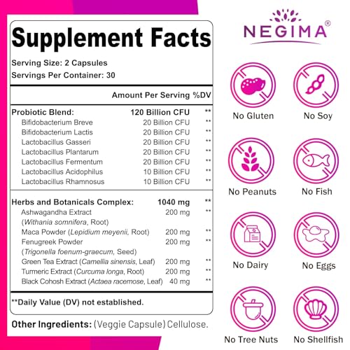 Image of Negima Menopause Supplements for Women, 120 Billion CFUs Probiotics for Women, 13-in-1 Herbs & Botanicals Complex, for Hormone Menopause, Hot Flashes, Night Sweats, Mood Swings, Sleep - 120 Capsules