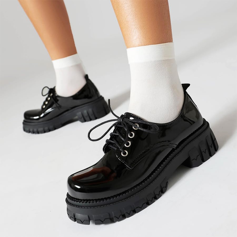Image of Women's Patent Leather Platform Chunky Loafers Perforated Lace-up Round Toe Wingtip Oxford Shoes Non-Slip Lug Sole Brogue Dress Shoe