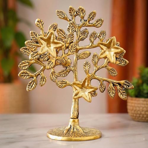 Image of Metal Kalpavriksha Tree for Home Decor - Golden Wish Fulfilling Tree Metal Showpiece for Temple, Vastu, Office Table & Gifting Banyan (No 1 Golden)