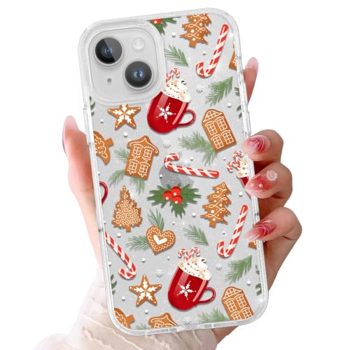 lioscre Christmas Case Compatible with for iPhone 15 6.1'', Cute Clear Glitter Bling Sparkly Christmas Cookies Candy Case, Aesthetic TPU Anti-Fall Protective Slim Shockproof Cover for Girl Women Men