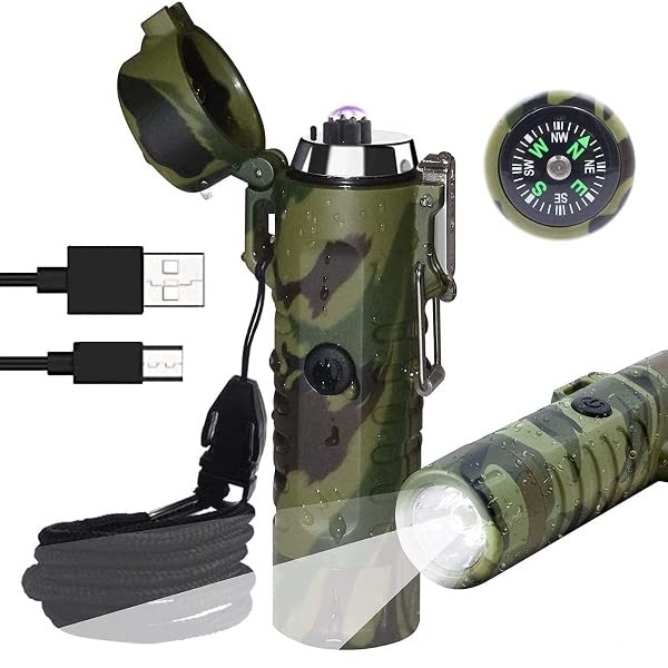Crasts Electric.Lighter USB Rechargeable Lighter with LED Flashlight& Compass Windproof Arc GasLighter Waterproof Dual Arc Plasma GasLighter (Camouflage)