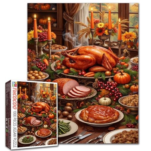 Turkey Dinner Jigsaw Puzzle for Adults Thanksgiving Autumn Puzzles 1000 Pieces Home Decor Gifts Intellectual Decompressing Fun Family Game 19.7 x 27.6 Inch