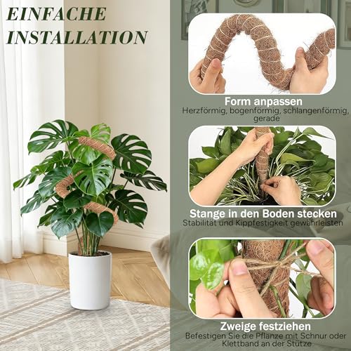 Monstera Rankhilfe, 2 x 60CM Biegsame Moosstab Monstera für Pflanzen mit Zubehör für Kletterpflanzen, Handgefertigte Kokosstab Monstera Moss Pole, Rankhilfe Zimmerpflanzen für Indoor Pflanzen
