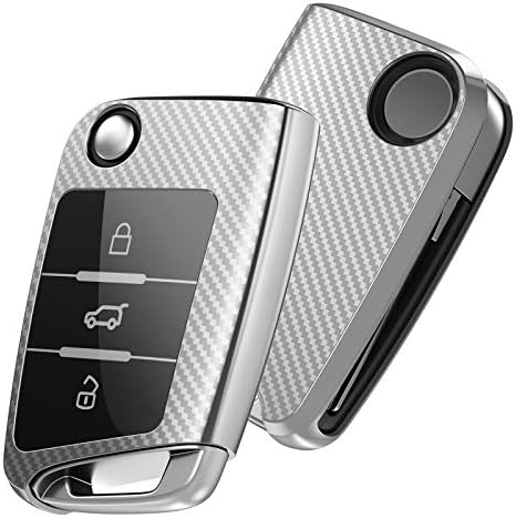 OATSBASF Car Key Cover for VW Golf 7 Key Box/Key Case Cover for VW, Polo, Skoda, Seat, 3 Buttons (Silver Leather)