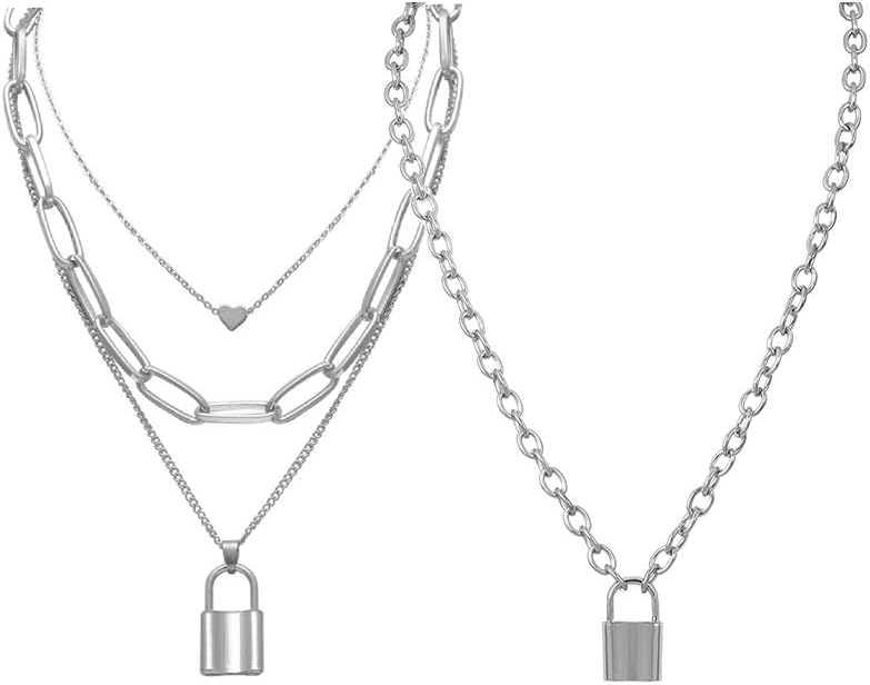 Salircon Silver Layered Necklace Aesthetic Punk Jewelry Lock and Key Thick Chain Necklaces for Women Men Teen Girls Edgy Jewelry (Lock Necklace Set2)