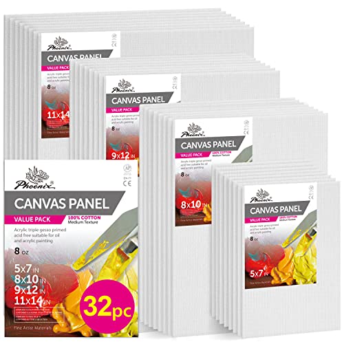 Phoenix 32 Pack Canvases For Painting - 5X7, 8X10, 9X12, 11X14 Inch, 8 Oz Triple Primed 100% Cotton Flat Canvas Boards White Blank Canvas Panels Multi Size Bulk Pack For Acrylic & Oil Paints #TOP14