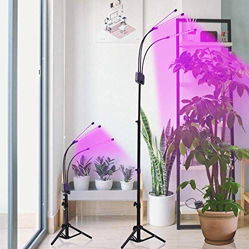 Grow Light with Stand,GHodec Tri-Head 60W Floor Plant Lights for Indoor Plants, Tripod Stand Adjustable 15-48 in,3/9/12H Timer & 3 Modes