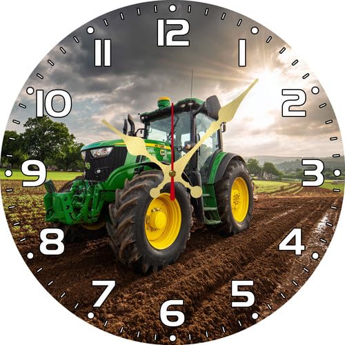 Vdenvileye Horloge murale ronde en bois de 25 cm, motif tracteur, horloge vintage silencieuse, sans chatouillement, alimentée par piles pour salon, chambre à...