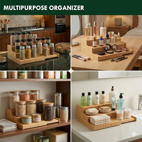 Image of Farmical 3-Tier Expandable Wooden Spice Rack Organizer for Kitchen (30-60cm) | Adjustable Step Shelf for Countertop & Cabinets | Multi-Purpose Masala Jar Storage Stand for Pantry & Cupboard