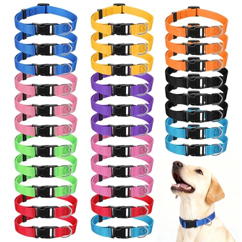 30 Pcs Dog Collar Bulk Adjustable Nylon Puppy Collar for Small Medium Large Dogs Multiple Pet with Quick Release Buckle for PET Travel Walk Daily(Medium,Bright Colors)