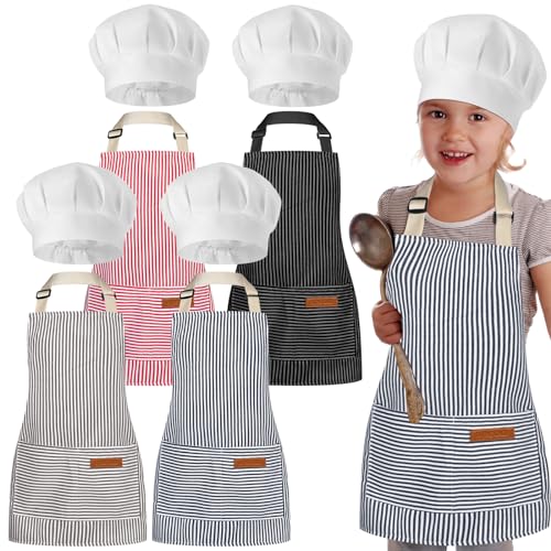 4 Sets Kids Apron and Chef Hat Set Toddler Adjustable Stripe Cott...