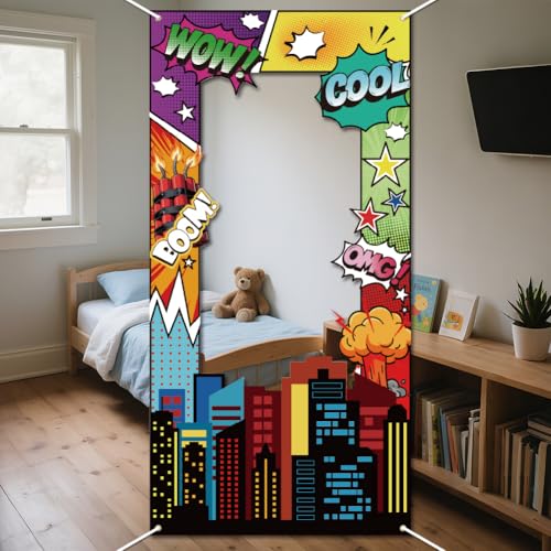WADORN Marco de fotos de cómic Hero para decoración de fiestas, 6 x 3 pies, temática de héroe, pancarta de fotos, telón de fondo de puerta, accesorios de tela grande, fondo de fotografía, suministros