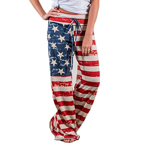 Women Pants Neartime Print Loose Casual Pants American Flag Drawstring Wide Leggings (M, Multicolor)