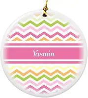 Yasmin rosa chevron nome design redondo porcelana dois lados enfeites de Natal
