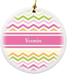 Yasmin rosa chevron nome design redondo porcelana dois lados enfeites de Natal