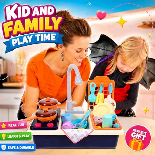 Image of Vikrida Kitchen Sink Toys Water Playset with Running Water House Wash Up Kitchen Sets with Play Dishes Accessories for Toddlers - Blue