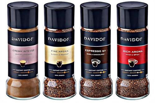 Image of Daviddoff Instant Coffee Assorted Flavours Combo - Crema Intense, Fine Aroma, Espresso 57 & Rich Aroma - 100% Arabica Freeze Dried Coffee Pack of 4 Imported Each 100g