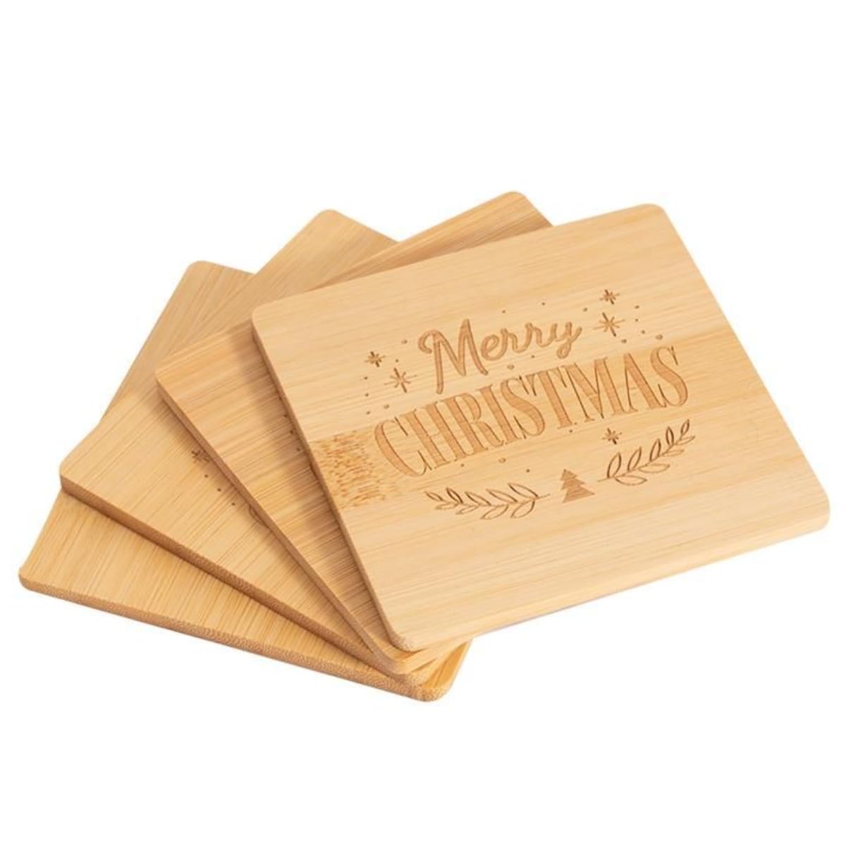 Yöl Beige Pack Of 4 Wooden Merry Christmas Coasters - Dinner Table Xmas Themed Tea Coffee Water Juice Drinks Mats Breakfast Lunch Afternoon Tea Cup Square Placemats