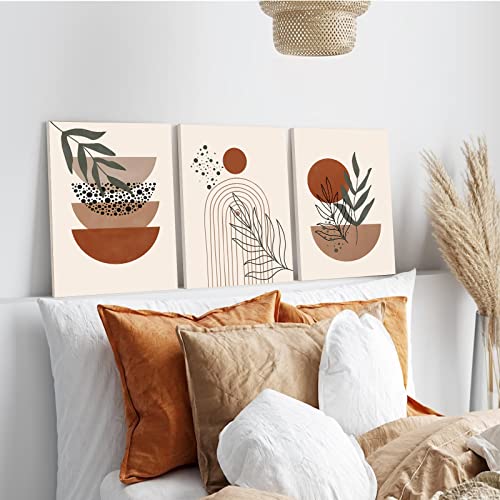Boho Wall Art Set Of 3, Mid-Century Modern Wall Art, Framed Canvas Wall Art Moon Botanical Black Beige Terracotta Green Geometric Abstract Artwork Prints Modern Boho Wall Decor Ready To Hang For Living Room, Bedroom, Bathroom, Office (12"X16") #TOP2