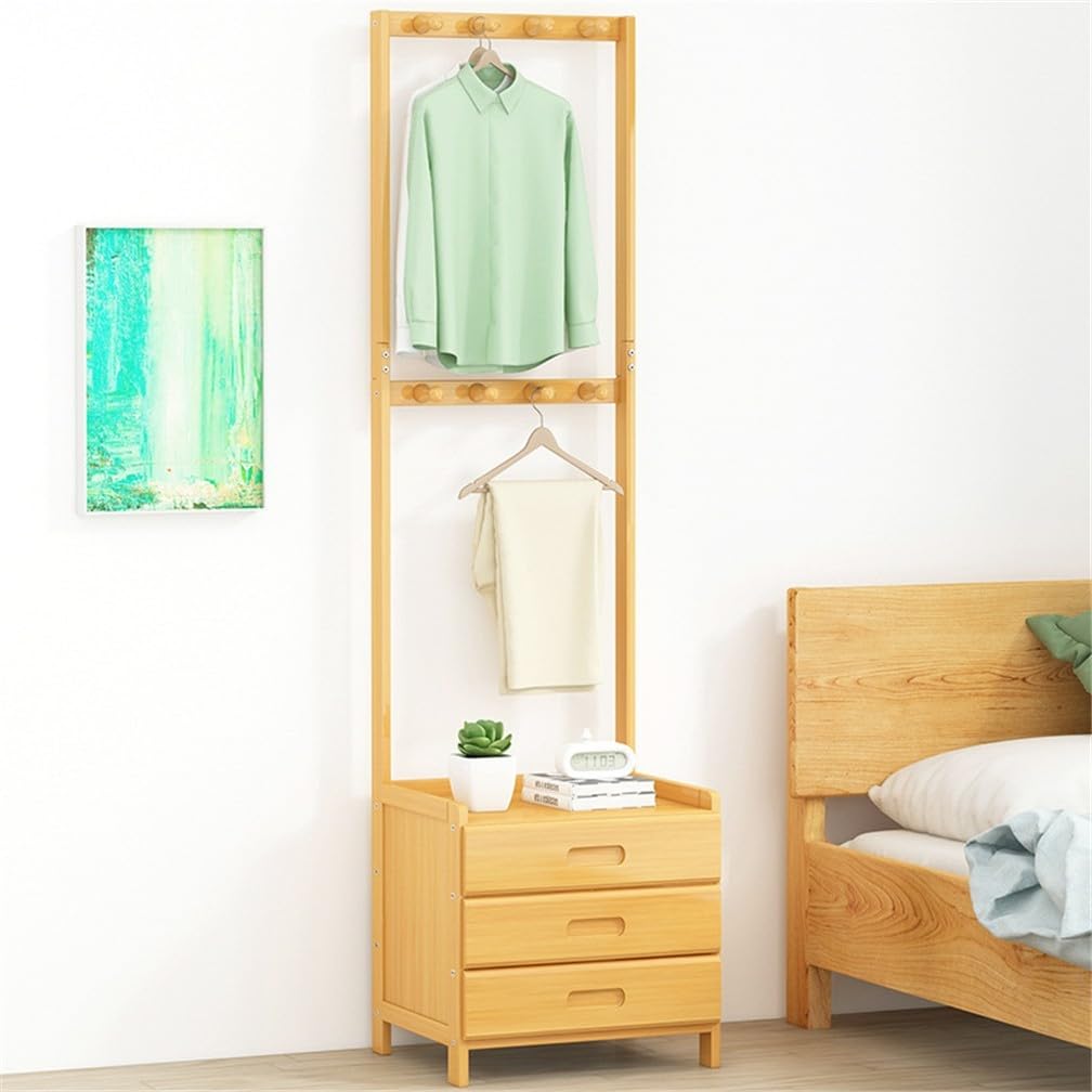 Appendiabiti in bambù con Comodino 2 in 1 Supporto Multifunzionale con cassetti, Ripiani, Porta Pantaloni e Ganci Ideale per l'organizzazione della Camera da Letto