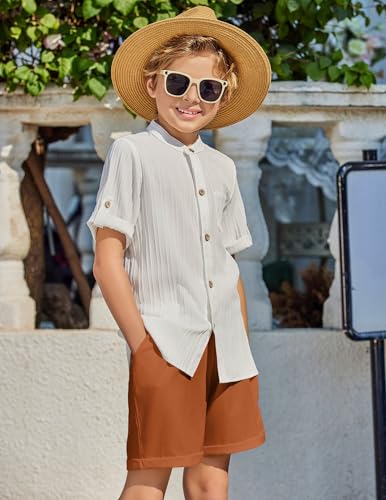 Image of Arshiner Boy's 2 Piece Beach Outfit Short Sleeve Textured Button Down Shirt and Short Sets Summer Vacation Wear 4-12 Years