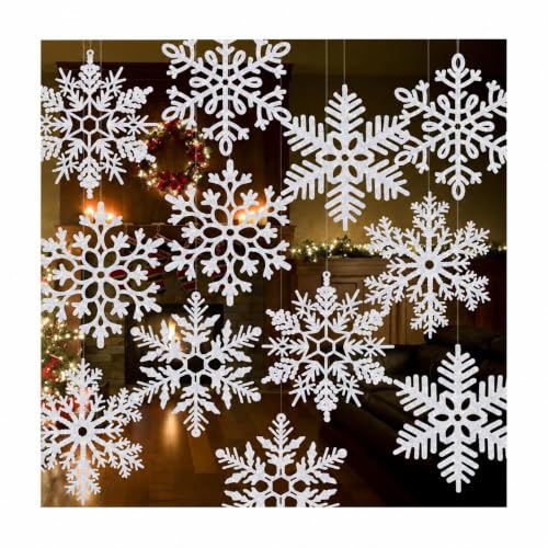BlissfulTie 12 Pack 16' Large Glitter Hanging Snowflake Decorations, White | Large white plastic snowflakes for indoor and outdoor Christmas decor, including porches, trees and hanging displays