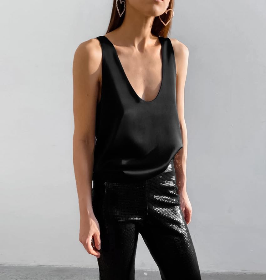 Womens Silk Satin Tank Tops Deep V Neck Casual Cami Sleeveless Camisole Blouses Summer Fit Flowy Tank Shirt