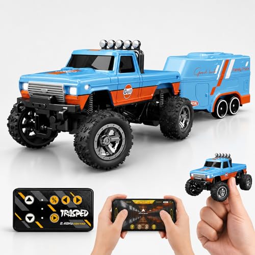 EXVQMU 1:64 Scale Mini Remote Control Monster Truck with Trailer | 2.4GHz & App Dual Control, Alloy...
