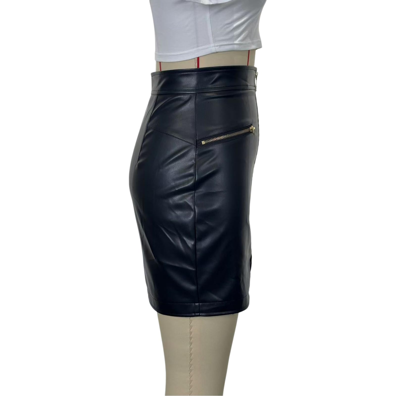 Minigonna Donna Alta Vita Zip Ruched Faux Pelle Mini Gonna Hip Abbracciare Clubwear, Frontale Pu Gonna-Black-s