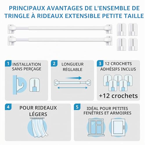 Barres de tension blanches de 60 à 110 cm pour rideaux de fenêtres et séparations de placard - 5