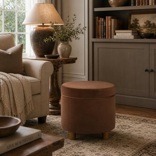 Image of HomePop Home Decor | Upholstered Round Storage Ottoman | Ottoman with Storage for Living Room & Bedroom, Spice Orange Velvet Large