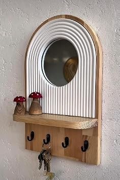 Aynalı Ahşap Duvar Hol Anahtar Askısı, Minimalist Dekoratif Modern Anahtarlık