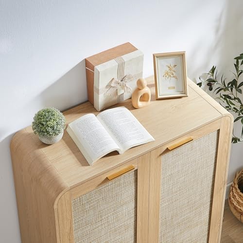 Rattan Shoe Cabinet with Doors - 6-Tier Wooden Shoe Organizer Rack, Adjustable Shelves for Stylish Storage, Modern Entryway Furniture, Space-Saving Design