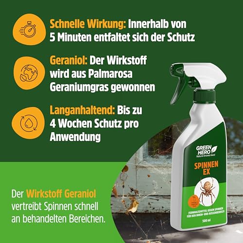 Green Hero Spinnen-Ex Spray zur Spinnenbekämpfung 500ml, Fernhaltemittel gegen Spinnen, Vertreibungsmittel, Innen und Außen, langfristige Spinnenabwehr,