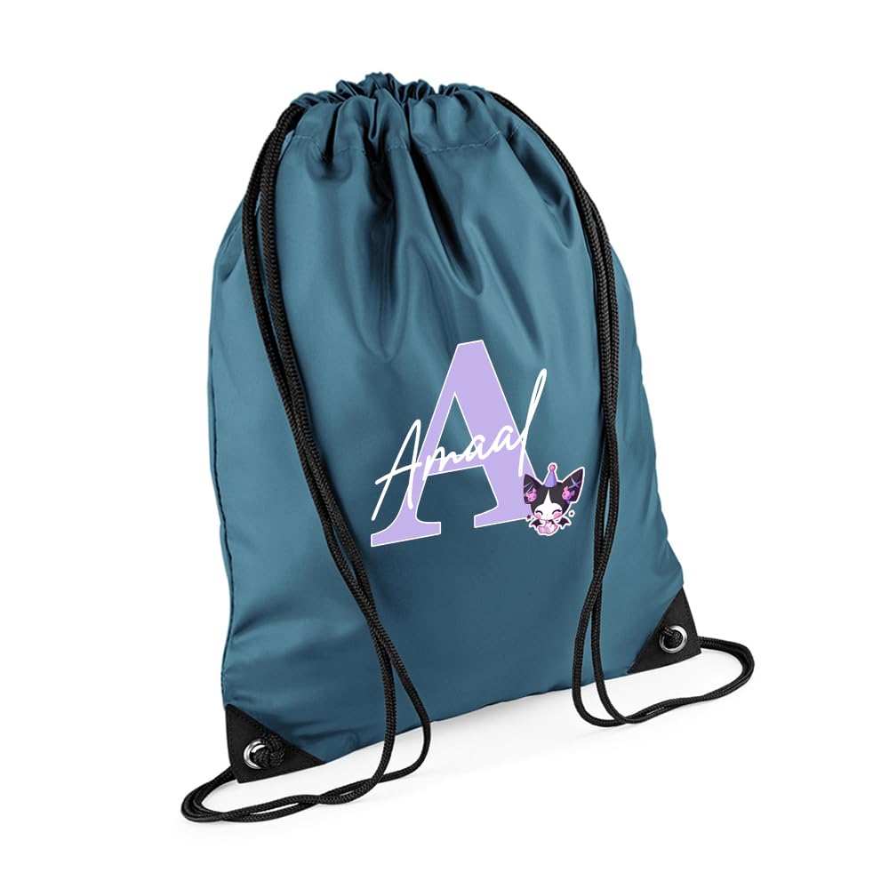 Personalised Initial & Name – Cute Cartoon Character Design – Custom Gift for Kids, Teens & Friends, PE Gym Kit Swimming, Sport Rucksack. (Airforce Blue)
