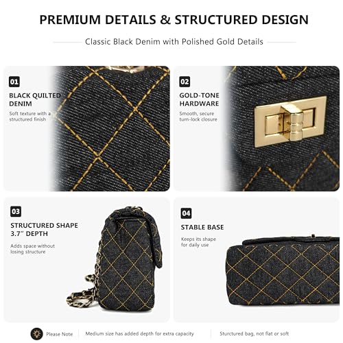 Image of M-ioi-M Quilted Denim Crossbody Bags for Women, Chain Strap Shoulder Bags, Medium Double Flap Purse, Gold Hardware Jean Purse
