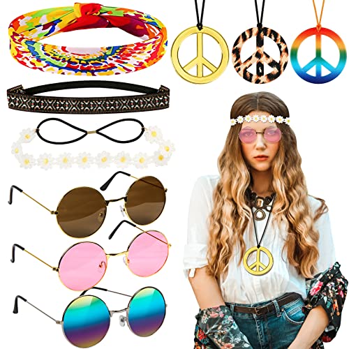 LOHAME Hippie Kostüm Set 9 Stück 60er 70er Jahre Retro Zubehör mit...