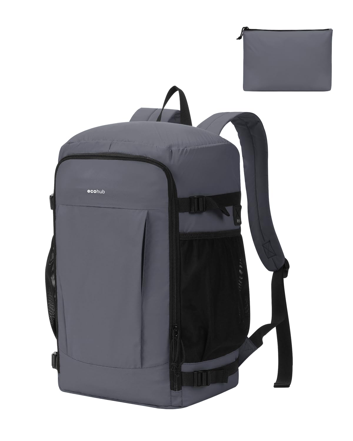 ECOHUB für 24L Ryanair Handgepäck 40x30x20, 2 in 1 - Faltbarer Rucksack mit Mini-Tasche Handgepäck Flugzeug, Leicht & Reißfest Rucksack 40x30x20, PET-Recycelte Travel Backpack für Herren(Grau)