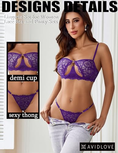 Image of Avidlove Lingerie for Women Sexy Lace Bra and Panty Set Underwire Push Up Lingerie Sets Demi Half Cup