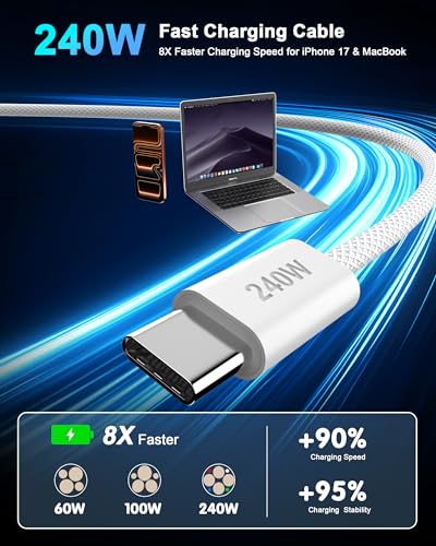 Image of 240W USB C to USB C Charging Cable 6ft, 2 Pack | Type-C Fast Charging Woven Cord with E-Marker Smart Chip for MacBook Pro /Air, iPhone 17 16 15 Pro Max, iPad Pro /Mini, Galaxy