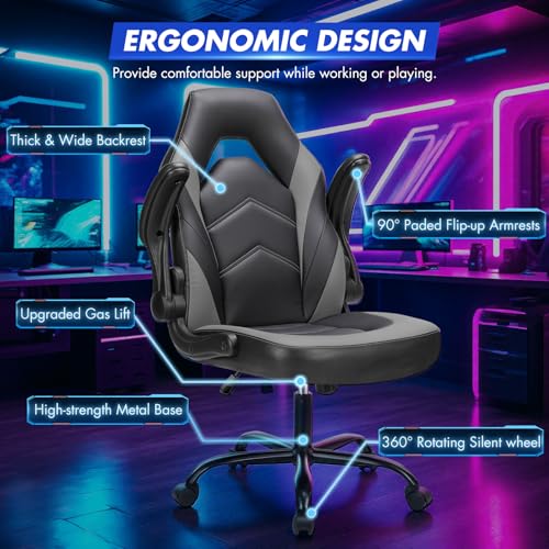 Image of Sweetcrispy Computer Video Game Desk Chair: Ergonomic Comfy Lumbar Support, PU Leather with Flip-up Armrest, Height Adjustable and 360 Swivel, for Adults, Black Grey