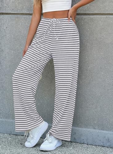 Image of EVALESS Striped Pants Women Casual Wide Leg Drawstring Elastic Waist Kint Trousers Lounge Sweatpants with Pockets