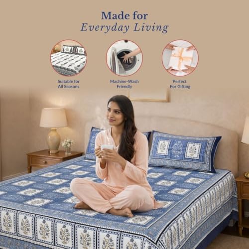 Image of Jaipur Weaves Jaipuri Double Bed Cotton Bedsheet Queen Size 90x85, 120 TC 100% Pure Cotton Bed Sheet with 2 Pillow Covers, Floral Traditional Print (Blue Blocks, Double)