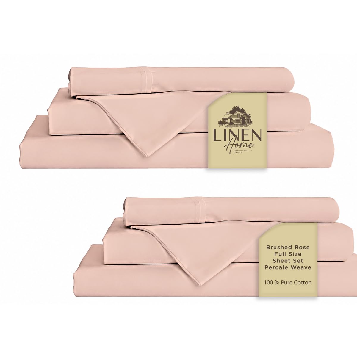 Linen Home 2-Pack Full Sheet Set, 100% Cotton Percale Bedding, 8-Piece Value Bundle, Deep Pocket Cooling Bed Sheets for Hot Sleepers, Breathable &amp; Crisp Hotel Quality, Long-Staple Cotton, Brushed Rose