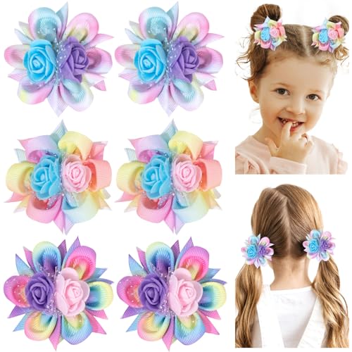 TOKUFAGU 6PCS Hair Bows for Girls, Flower Hair Clips Rainbow...
